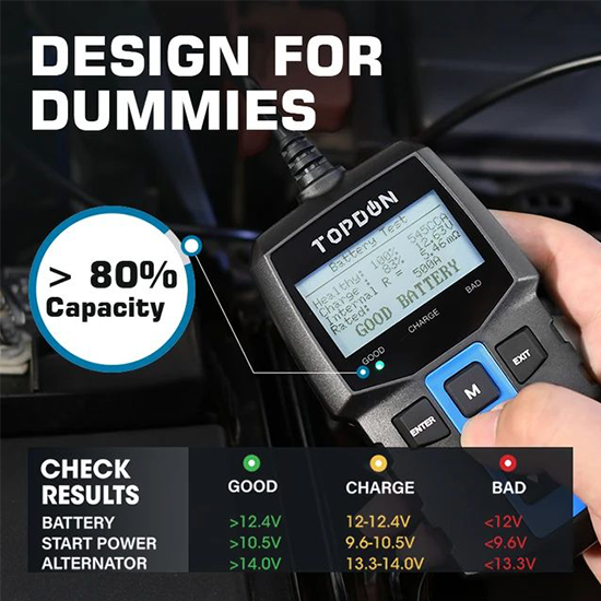 TOPDON BT100 12V Car Battery Tester Digital Automotive Diagnostic Battery Tester Analyzer Vehicle Cranking Charging Scanner Tool (Without Box)