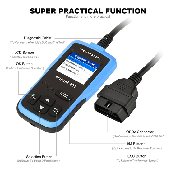 OBD2/EOBD Scanner, Topdon ArtiLink 201 Auto Code Scanner Check Engine Code Reader with O2 Sensor Test without box