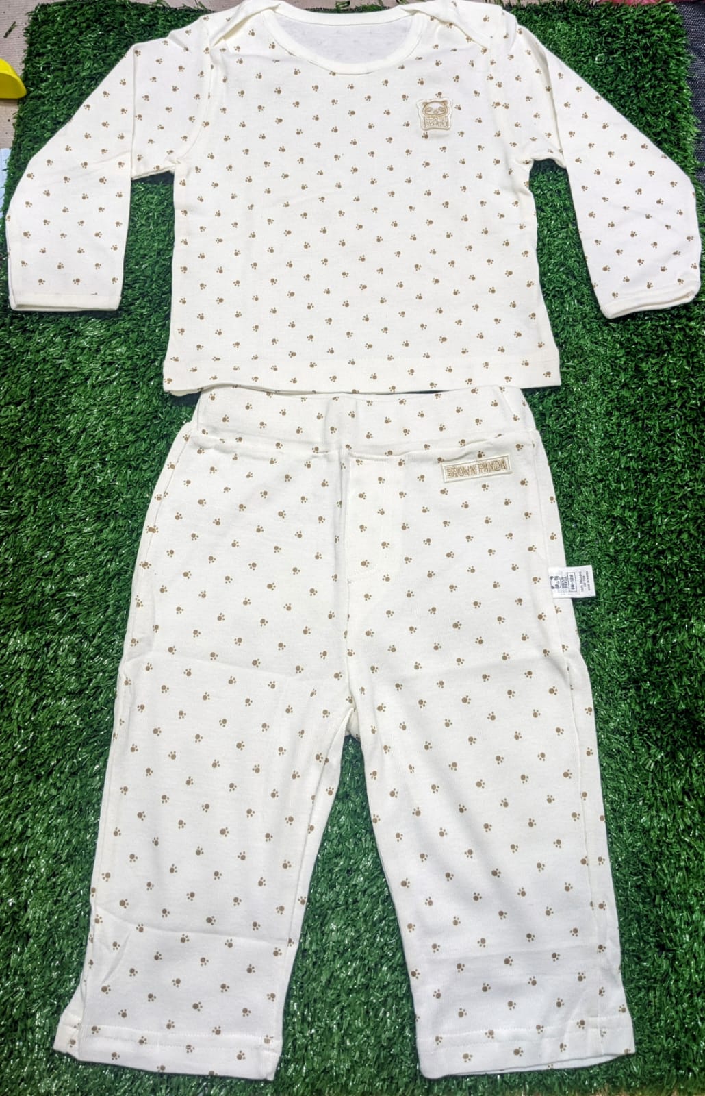 White Baby Shirt & Trousers Set – Pet Paw Dot Print | 100% Organic Cotton | Art No. CM0020-05