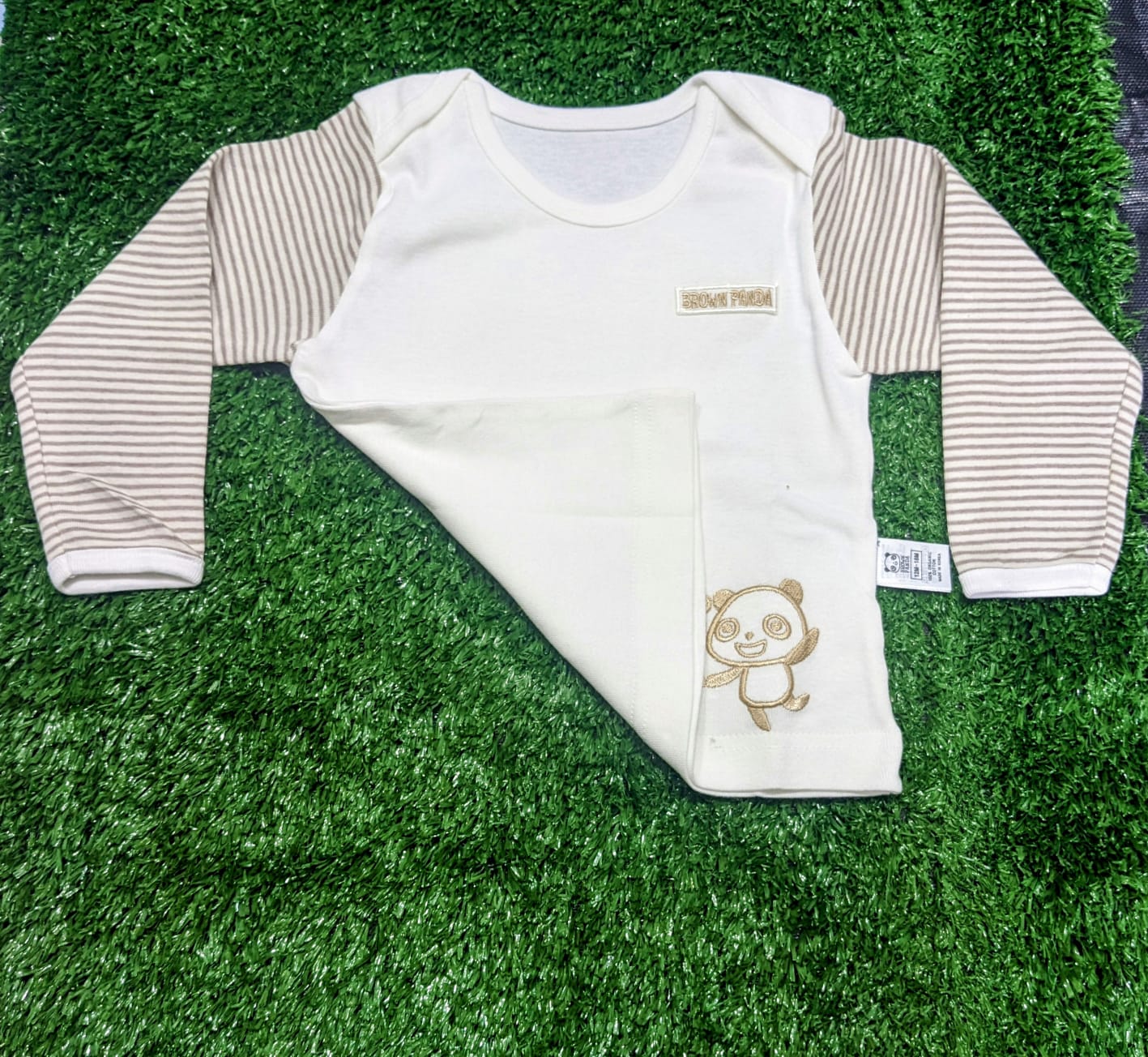 White Baby Shirt with Skin Brown Striped Sleeves – 100% Organic Cotton | Art No. CM0019