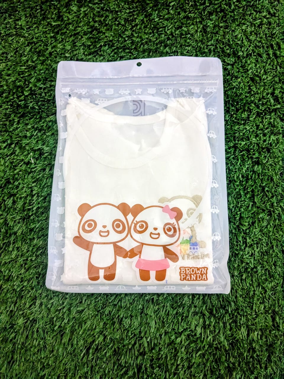 White Half-Sleeve Baby Shirt – 100% Organic Cotton | Brown Panda Patch | Korea Made | Art No. CM0002