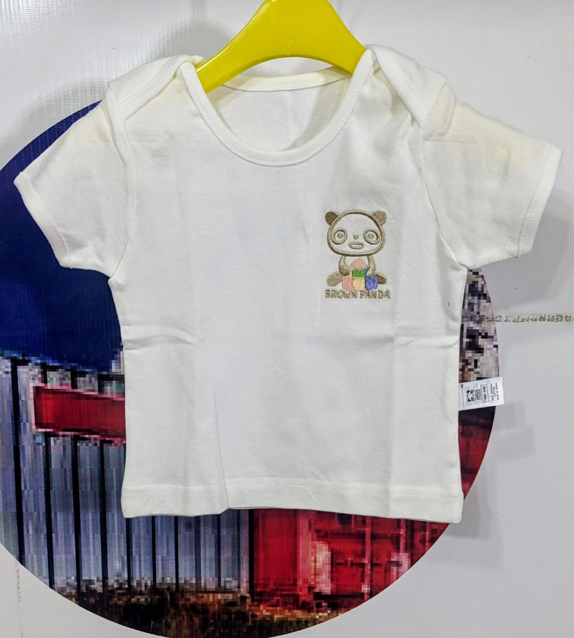 White Half-Sleeve Baby Shirt – 100% Organic Cotton | Brown Panda Patch | Korea Made | Art No. CM0002