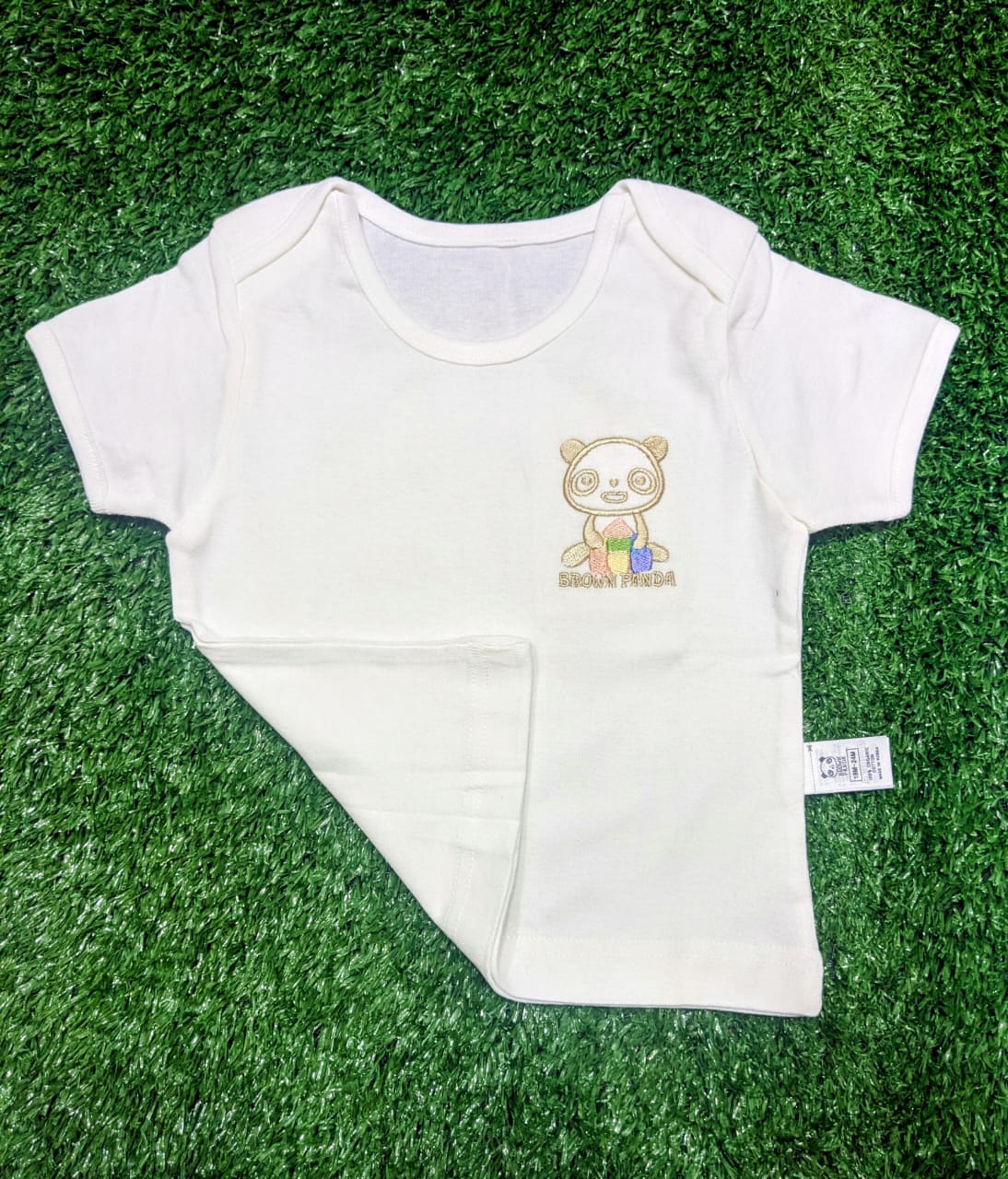 White Half-Sleeve Baby Shirt – 100% Organic Cotton | Brown Panda Patch | Korea Made | Art No. CM0002