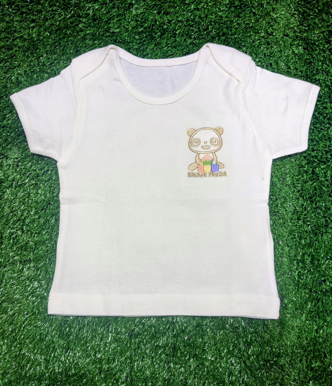 White Half-Sleeve Baby Shirt – 100% Organic Cotton | Brown Panda Patch | Korea Made | Art No. CM0002