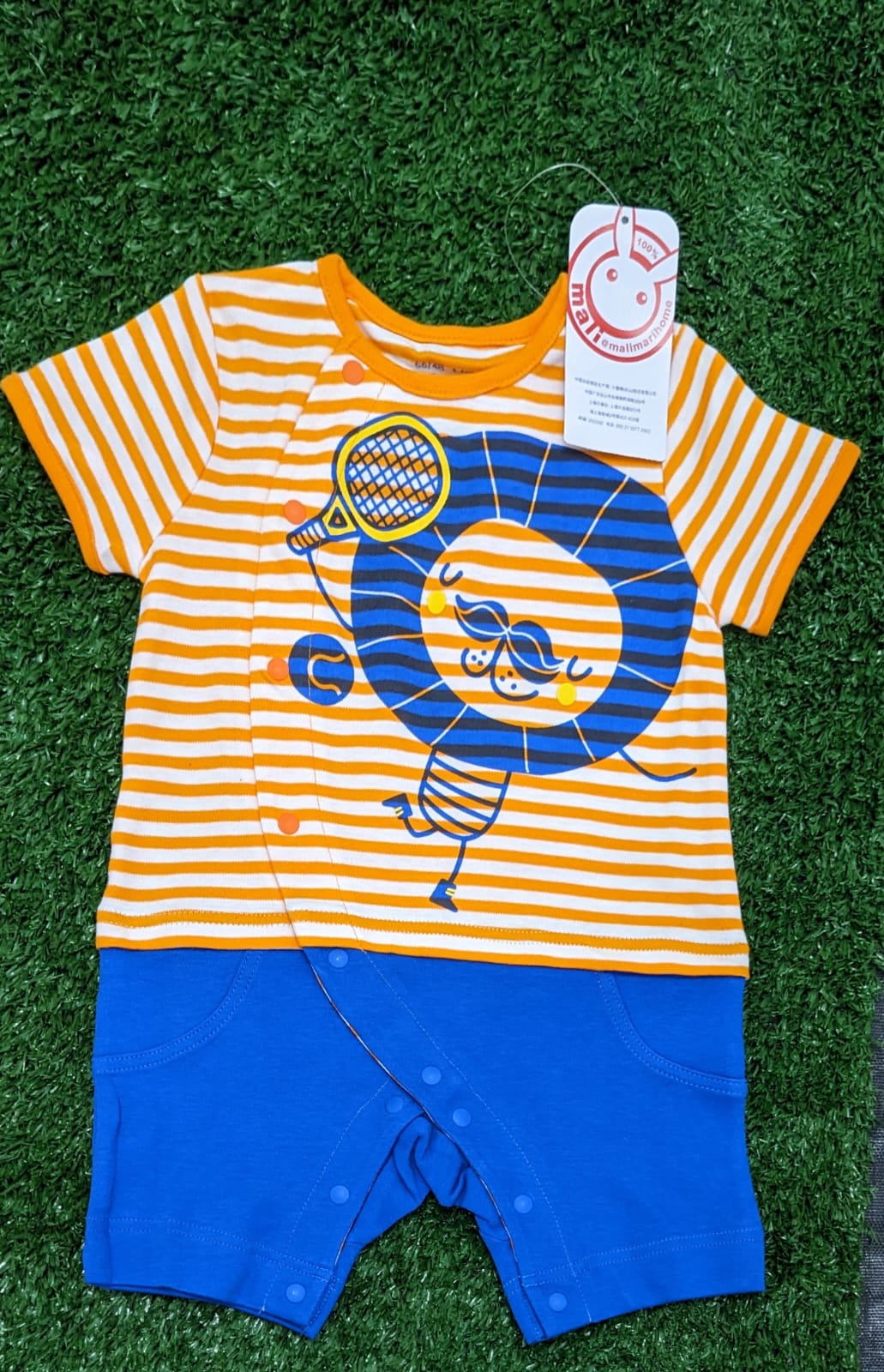 Orange Striped Baby Romper with Blue Legs | Organic Cotton | Art Number CM0030