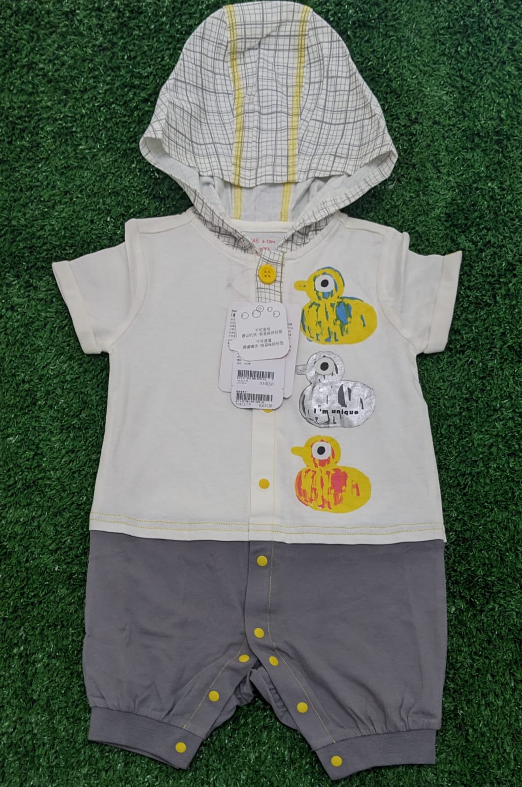 White & Grey Duck Print Baby Romper – Half Sleeves with Hoodie | Organic Cotton | Art No. CM0040