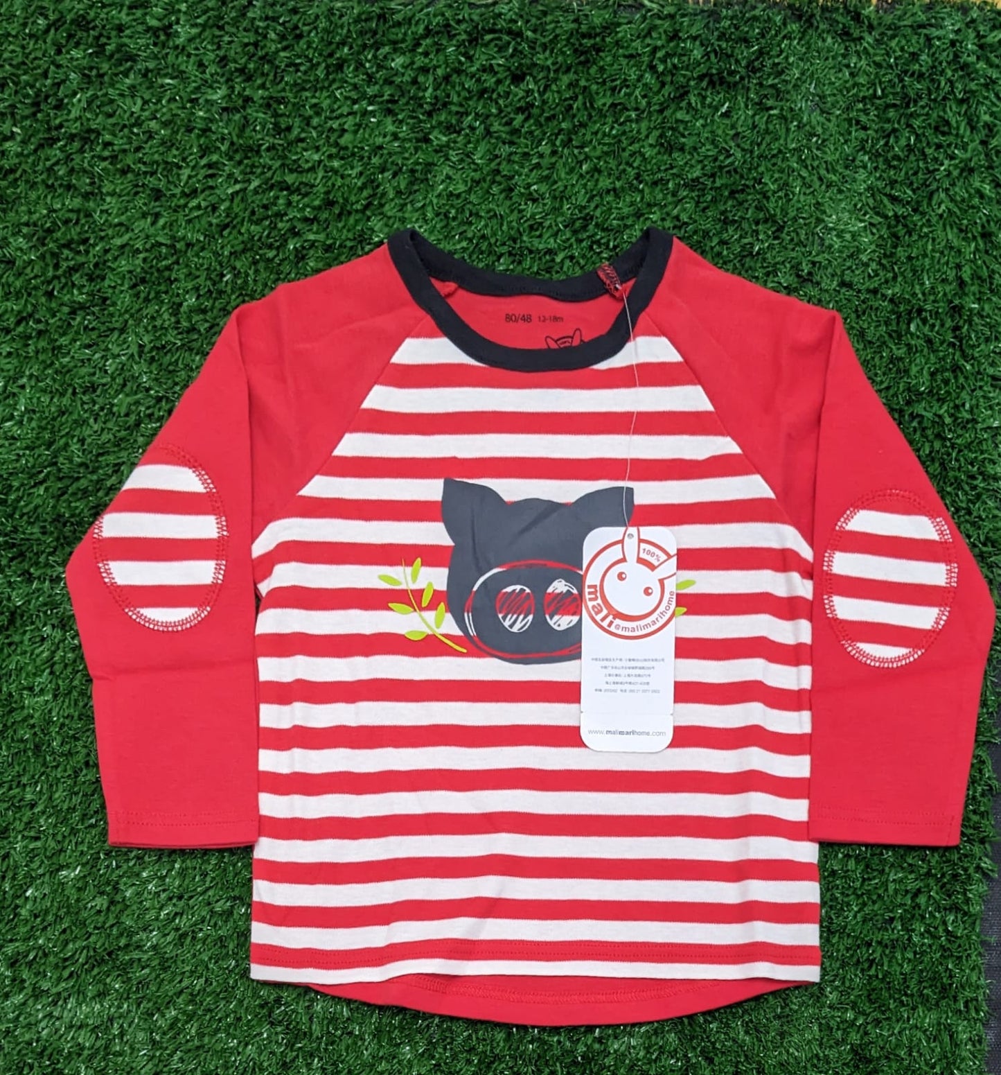 Red Striped Full-Sleeve Baby Shirt with Bear Patch 🐻 | Organic Cotton | Art No. CM0045
