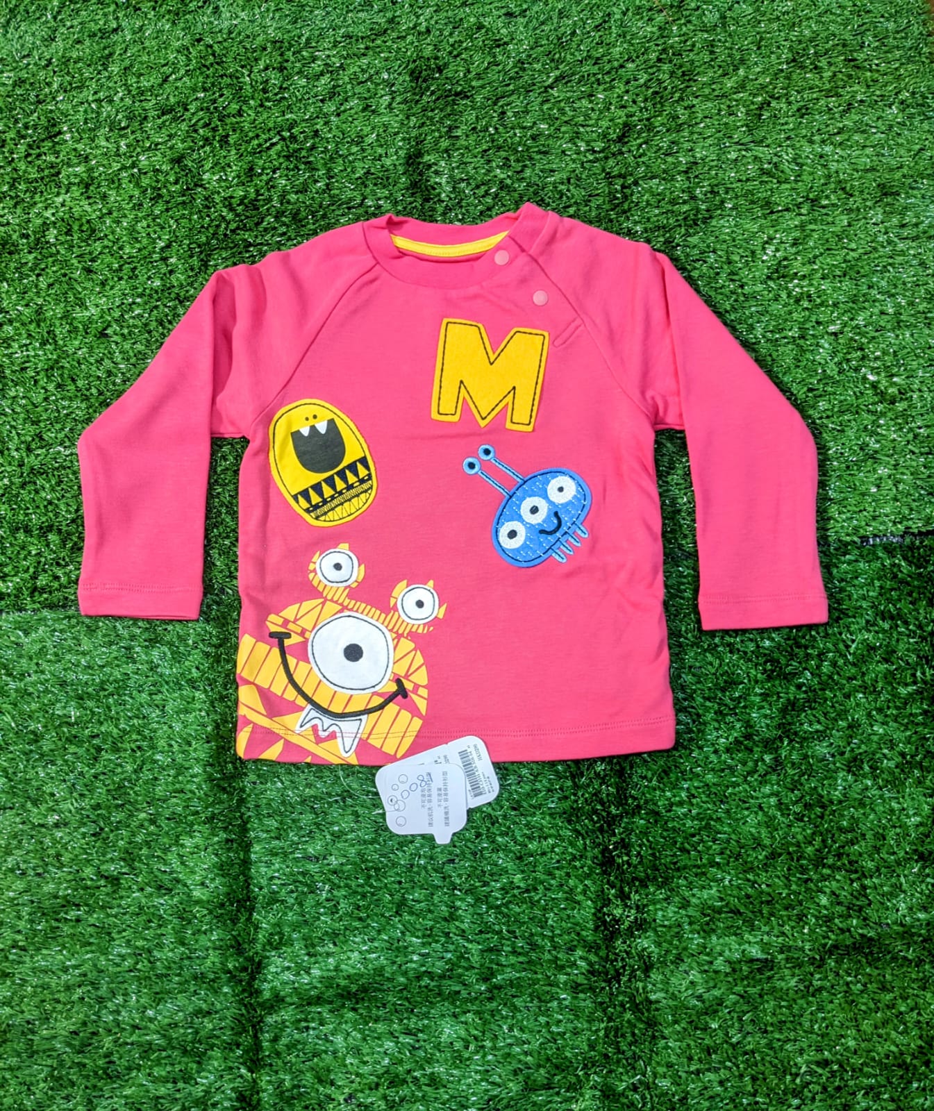 Red Full Sleeves Baby Shirt – Double Cotton with Fun Cartoon Patchwork | Art Number CM0081