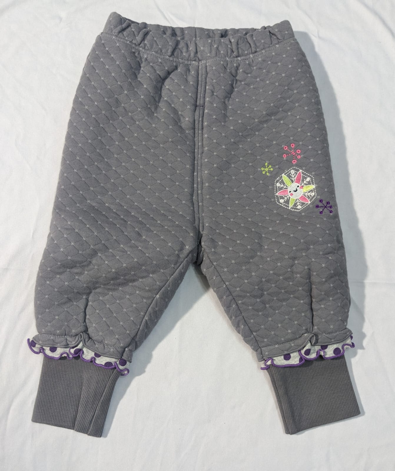 Baby Girl Grey Quilted Trousers – Double Cotton with Polyester Filling | Polka Dot Trim | CM0068