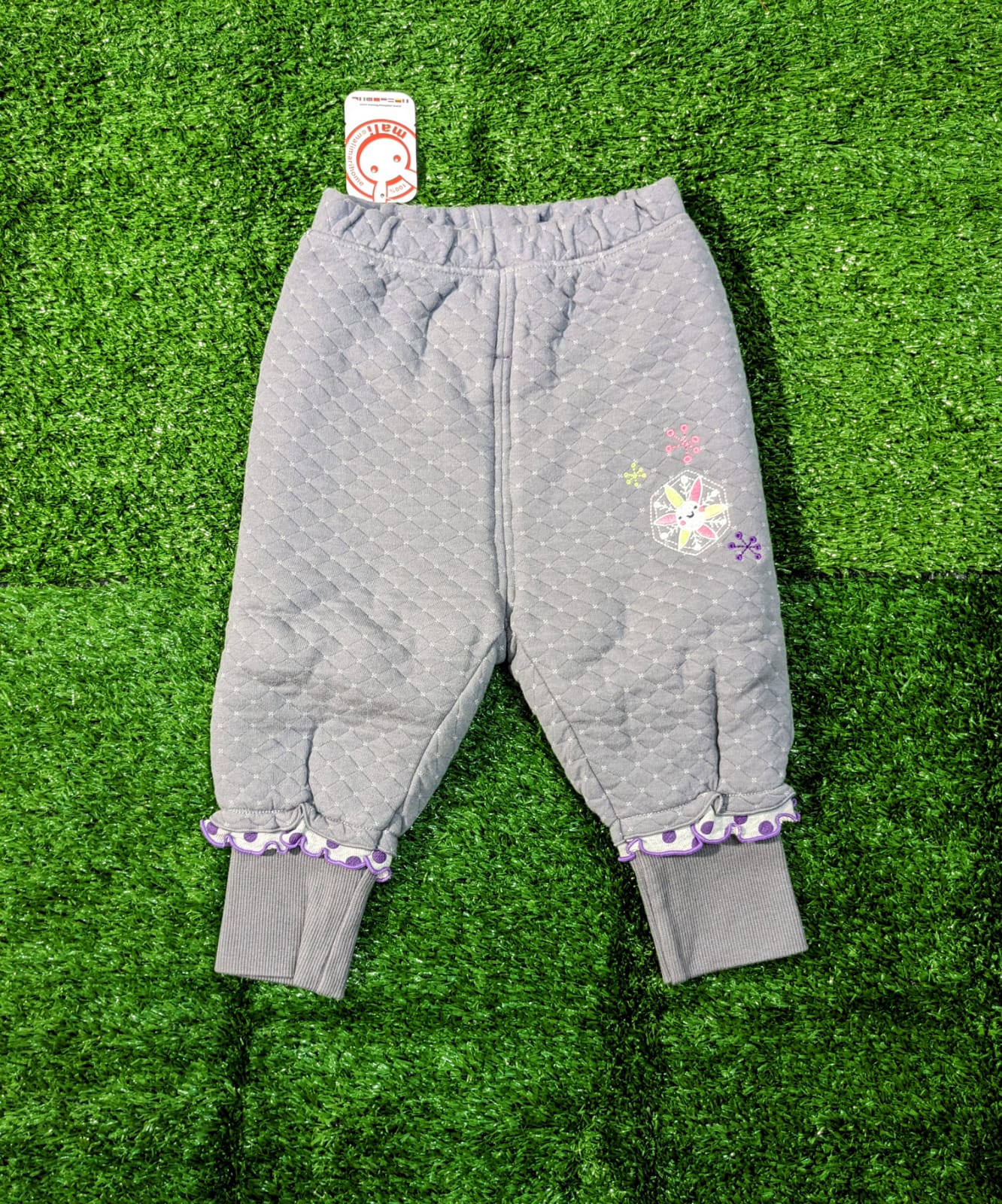 Baby Girl Grey Quilted Trousers – Double Cotton with Polyester Filling | Polka Dot Trim | CM0068