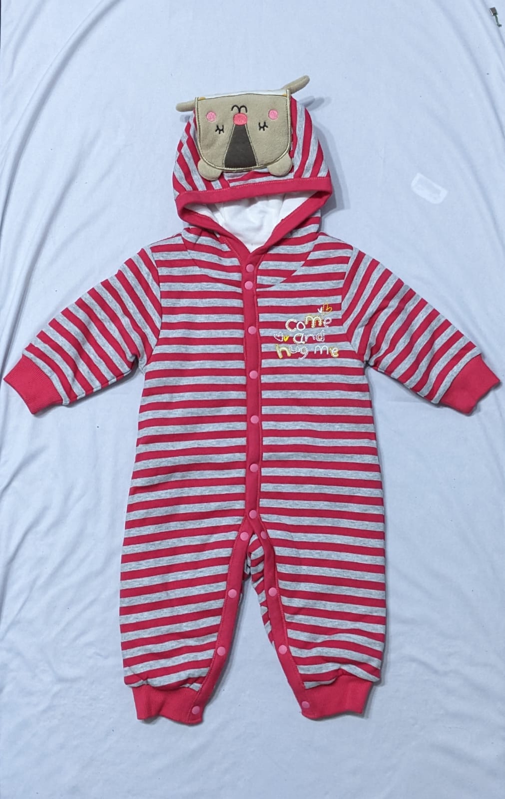 Full Sleeves Baby Romper with Hoodie | Grey/Pink Lining | Double Cotton with Polyester Filling | Art No. CM0179