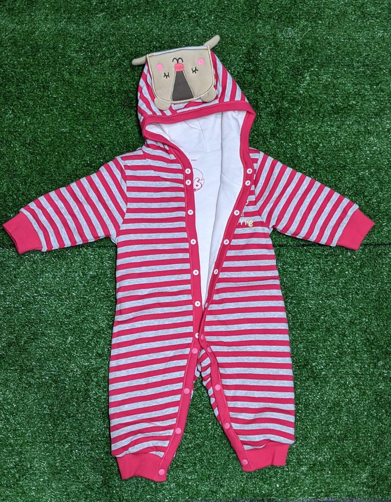 Full Sleeves Baby Romper with Hoodie | Grey/Pink Lining | Double Cotton with Polyester Filling | Art No. CM0179