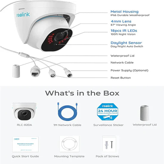 Reolink RLC-820A 4K PoE Dome Camera – Outdoor IP Security with Human/Vehicle Detection WITHOUT BOX