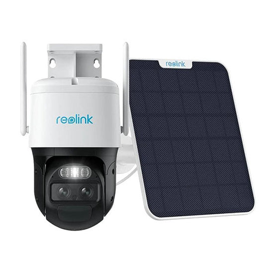 The Reolink TrackMix WiFi rechargeable camera with type c solar panel  camera features 2K (4MP) resolution, a dual-lens system with 6X hybrid zoom, auto-tracking for motion detection, and two-way audio. (Without box)