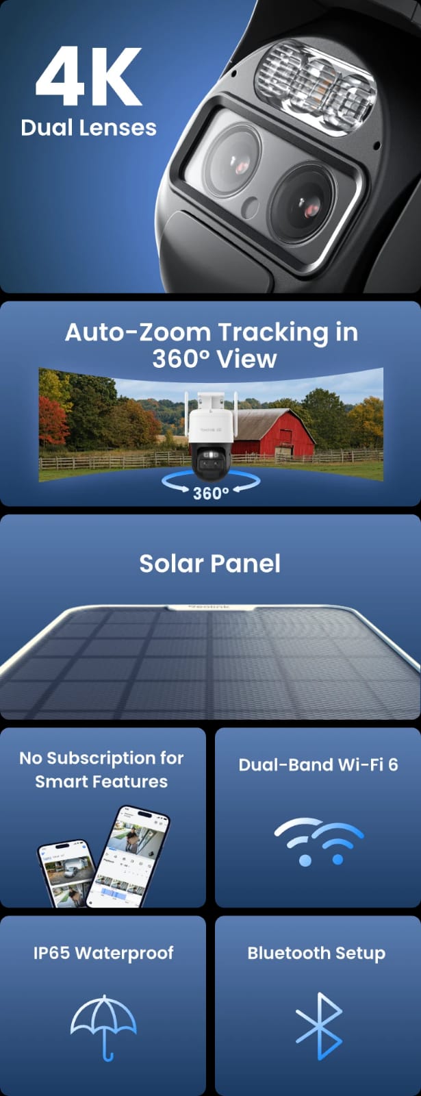 The Reolink TrackMix WiFi rechargeable camera with type c solar panel  camera features 2K (4MP) resolution, a dual-lens system with 6X hybrid zoom, auto-tracking for motion detection, and two-way audio. (Without box)