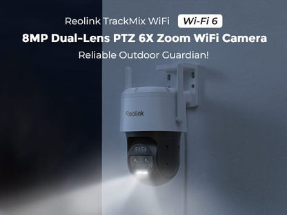 The Reolink TrackMix WiFi rechargeable camera with type c solar panel  camera features 2K (4MP) resolution, a dual-lens system with 6X hybrid zoom, auto-tracking for motion detection, and two-way audio. (Without box)