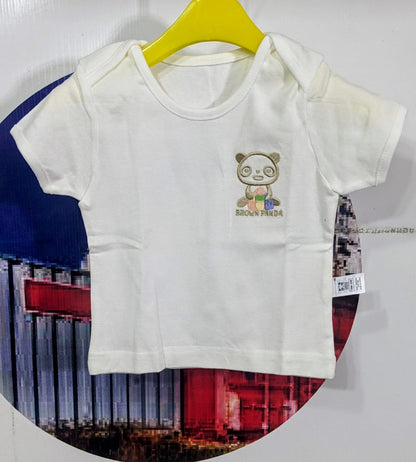White Half-Sleeve Baby Shirt – 100% Organic Cotton | Brown Panda Patch | Korea Made | Art No. CM0002
