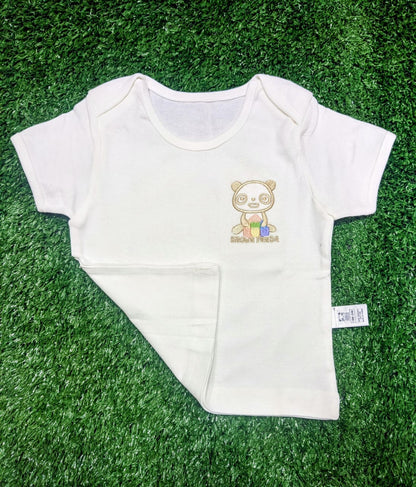 White Half-Sleeve Baby Shirt – 100% Organic Cotton | Brown Panda Patch | Korea Made | Art No. CM0002
