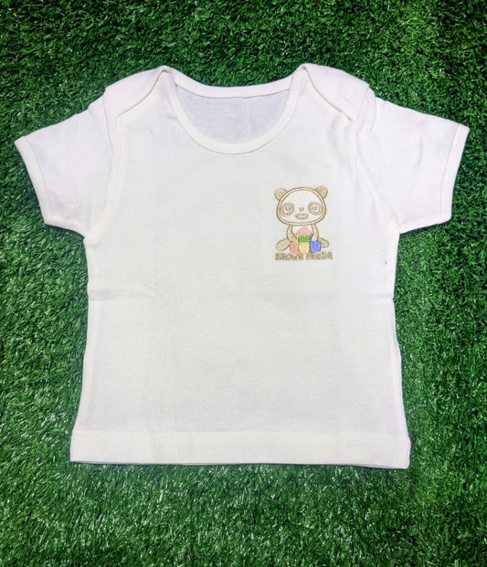White Half-Sleeve Baby Shirt – 100% Organic Cotton | Brown Panda Patch | Korea Made | Art No. CM0002
