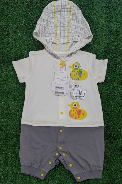 White & Grey Duck Print Baby Romper – Half Sleeves with Hoodie | Organic Cotton | Art No. CM0040