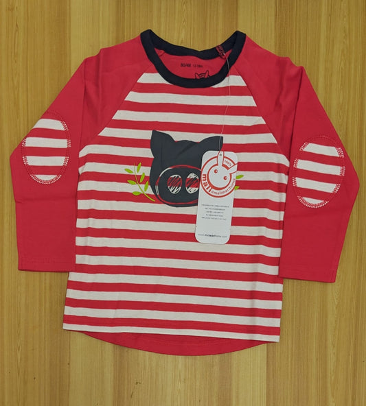 Red Striped Full-Sleeve Baby Shirt with Bear Patch 🐻 | Organic Cotton | Art No. CM0045