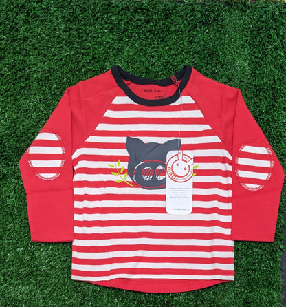 Red Striped Full-Sleeve Baby Shirt with Bear Patch 🐻 | Organic Cotton | Art No. CM0045