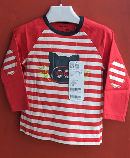 Red Striped Full-Sleeve Baby Shirt with Bear Patch 🐻 | Organic Cotton | Art No. CM0045