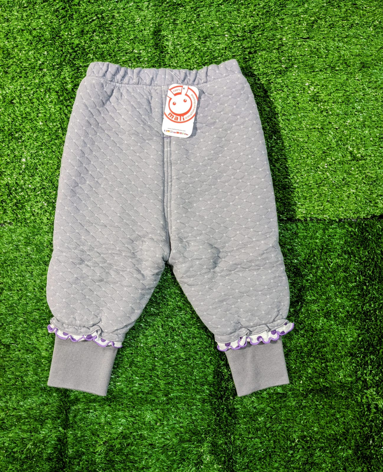 Baby Girl Grey Quilted Trousers – Double Cotton with Polyester Filling | Polka Dot Trim | CM0068