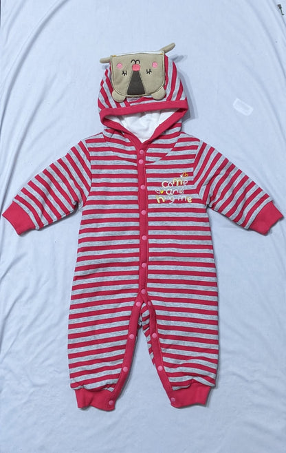 Full Sleeves Baby Romper with Hoodie | Grey/Pink Lining | Double Cotton with Polyester Filling | Art No. CM0179